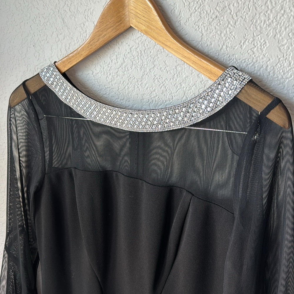 ALEX EVENINGS Sheath Crepe Dress Illusion Mesh Neckline and Bell Sleeves Sz 8P